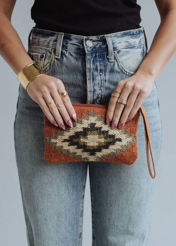 Orange, Cream, Navy & Green Aztec Wristlet