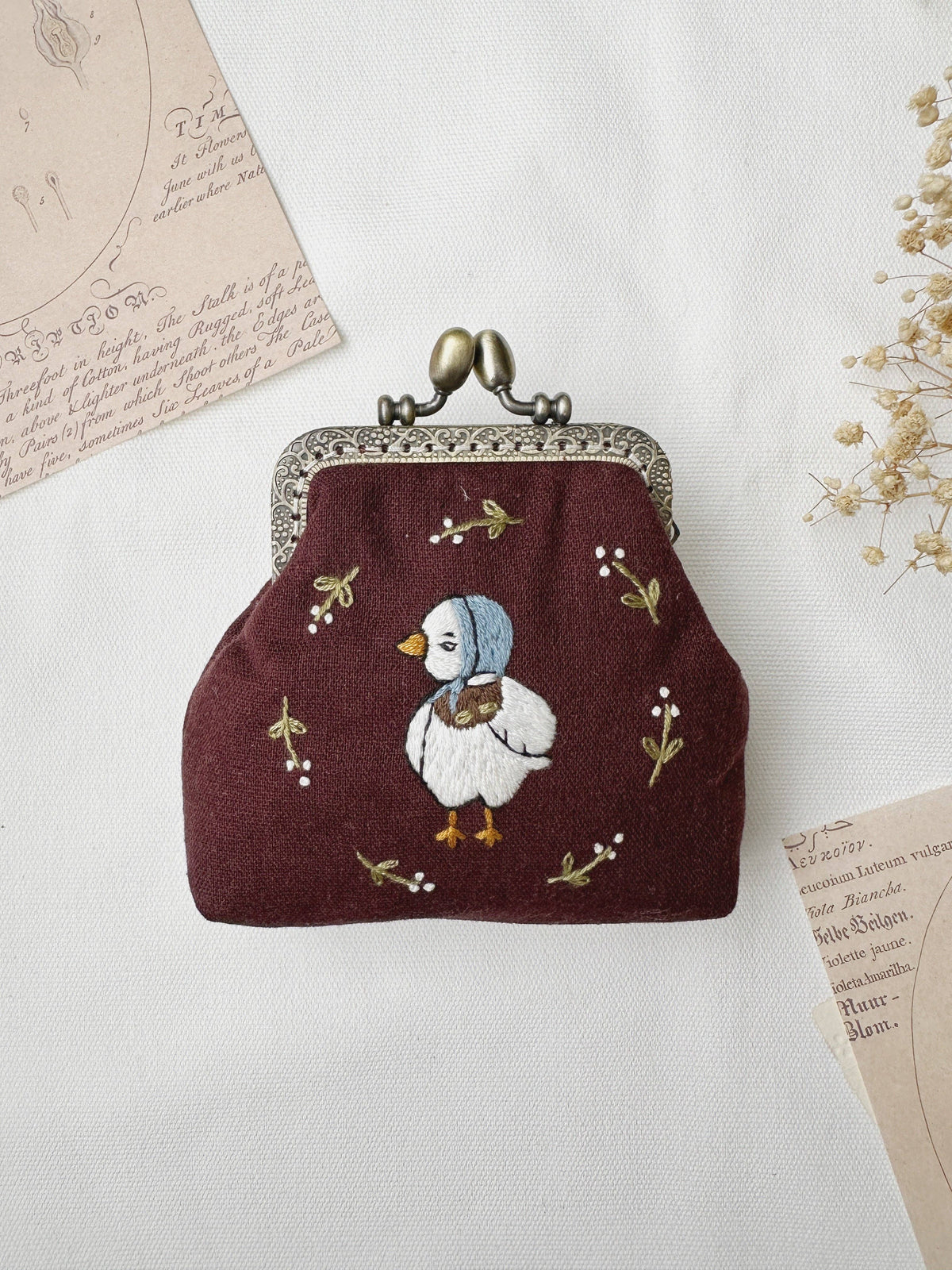 Duck Embroidered Coin Purse - Maroon