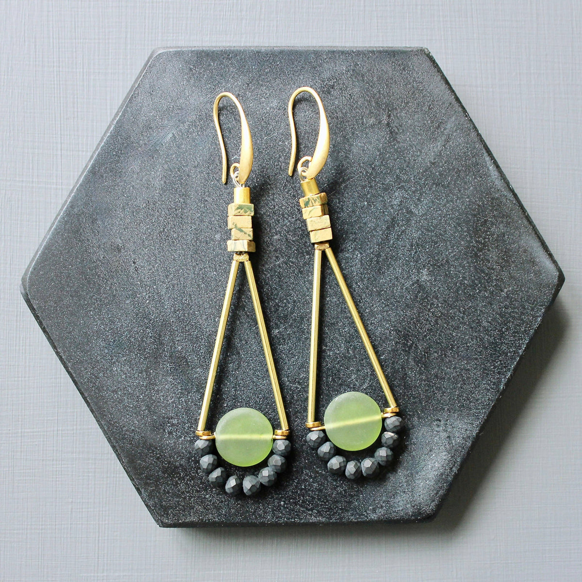 Olivine Glass Geometric Dangle Earrings