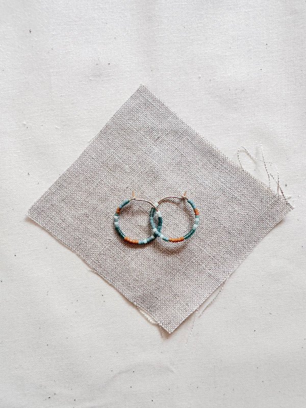 Sm. Beaded Hoop Earrings - blue and olive glass beads