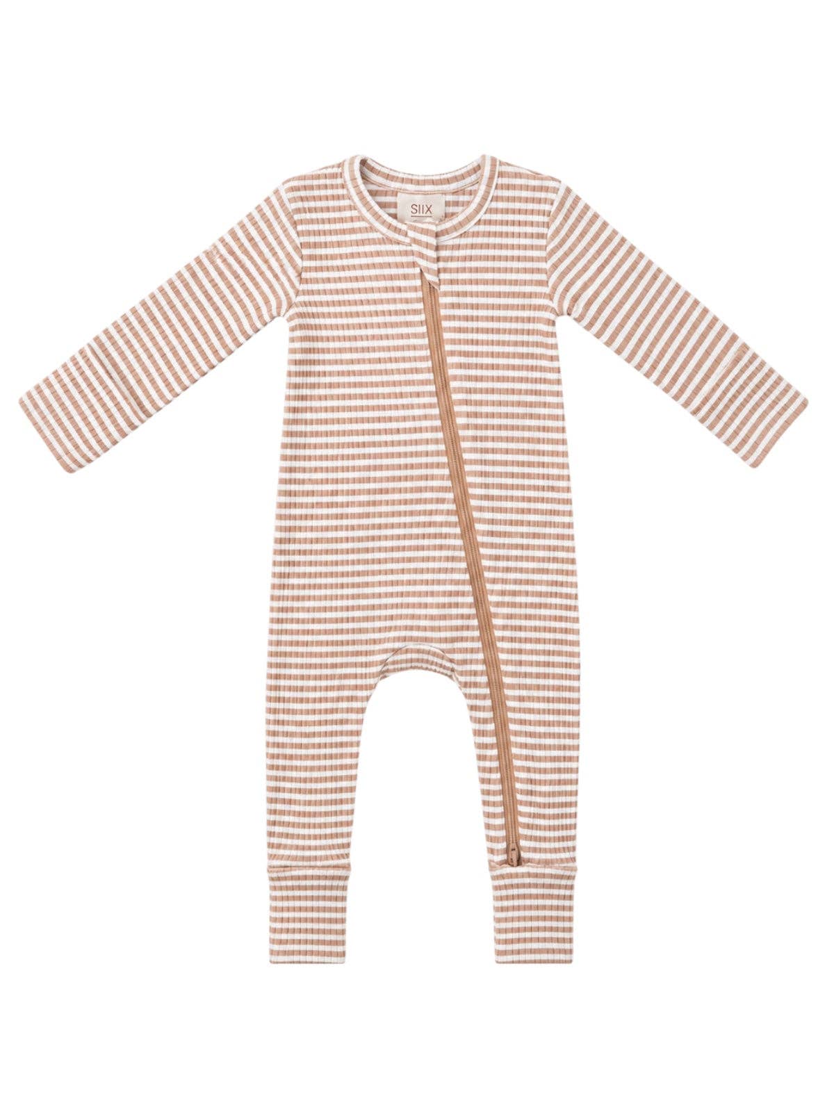 Tan Stripe / Ribbed 2-Way Zip Romper (Tan Zipper)