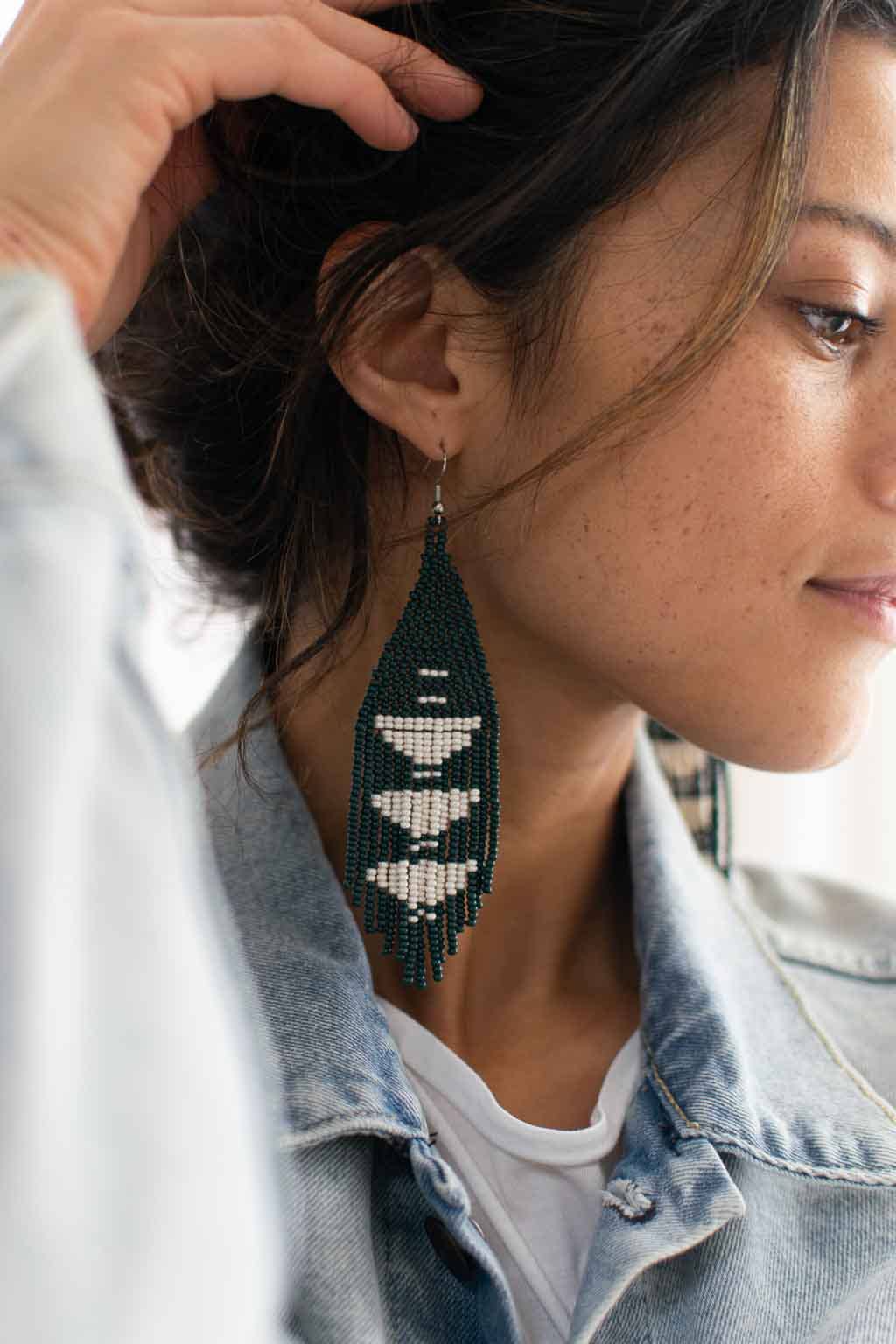 Beaded Fringe Earrings in Jade