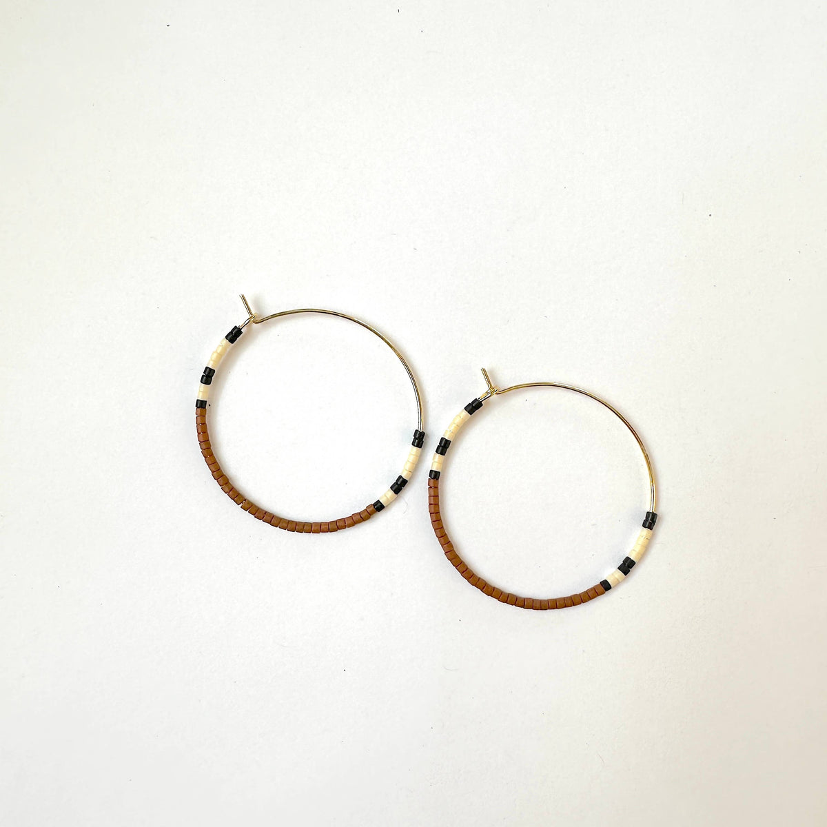 Beaded Hoop Earrings - Burnt Sienna, black and white