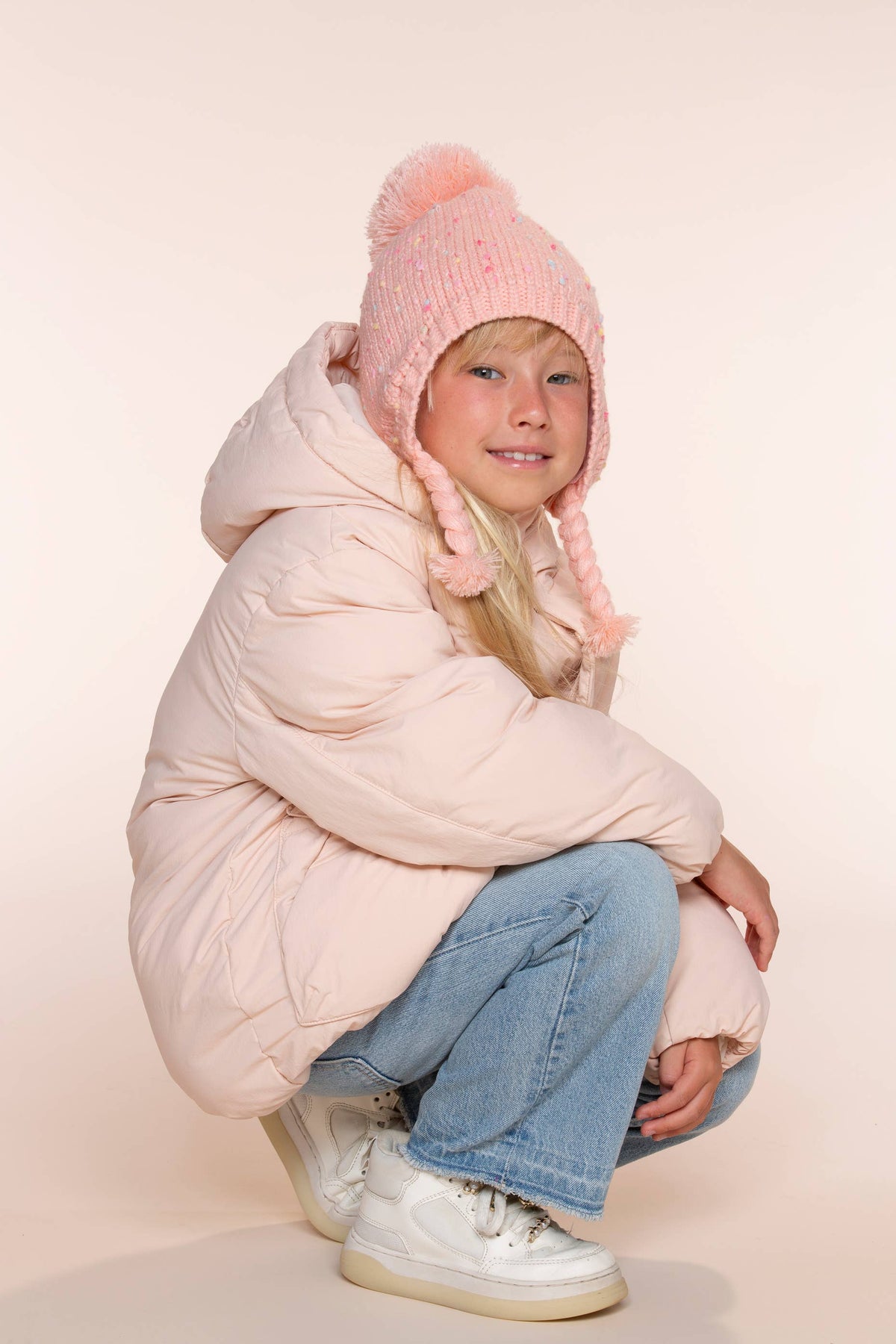 Girls Speckled Knit Winter Hat with Braids - Pink 2-12Y
