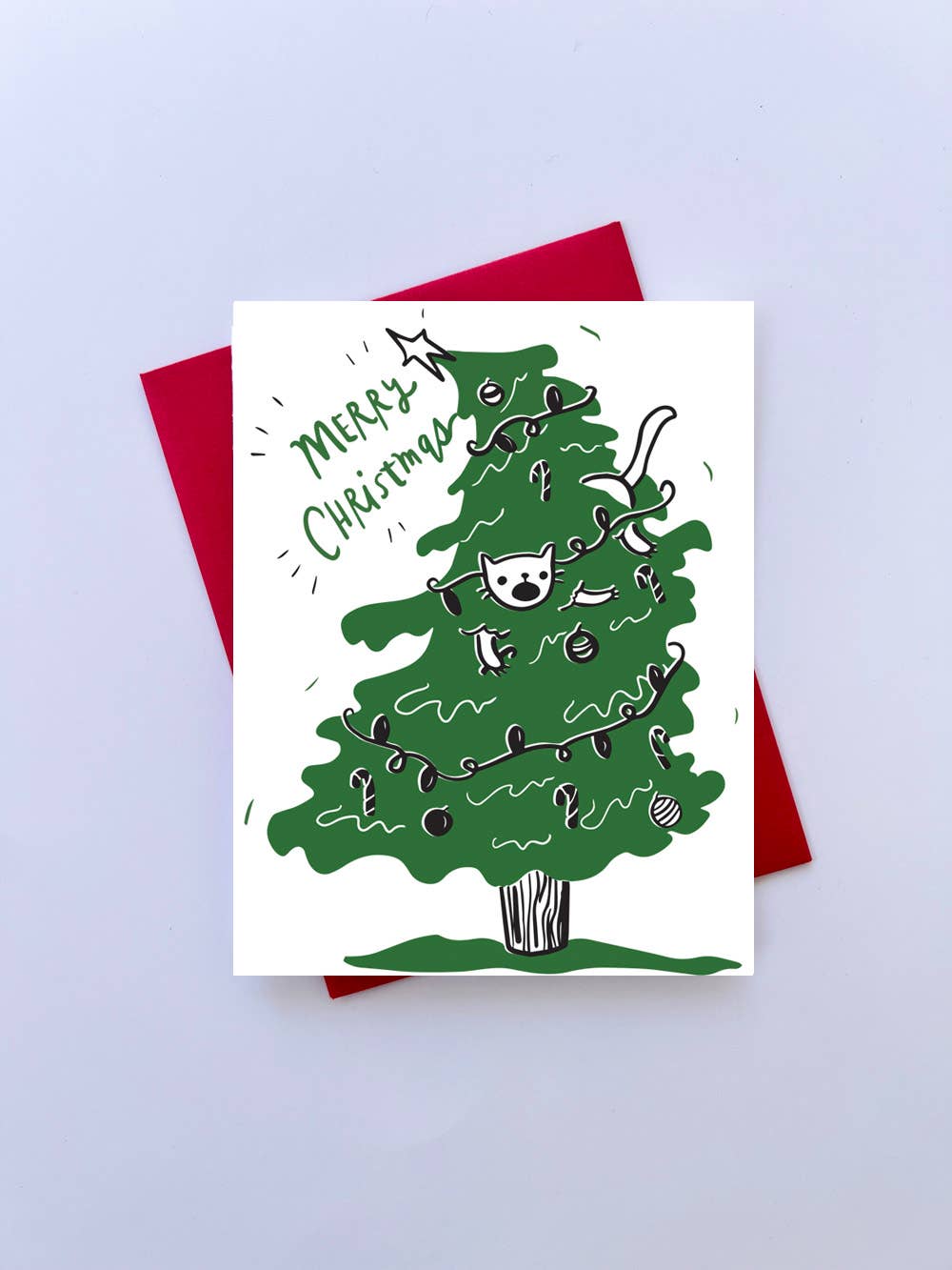 Merry Christmas Cat in Tree Card
