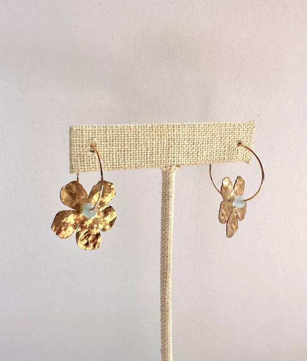 Brass Flower Earrings - Light Blue