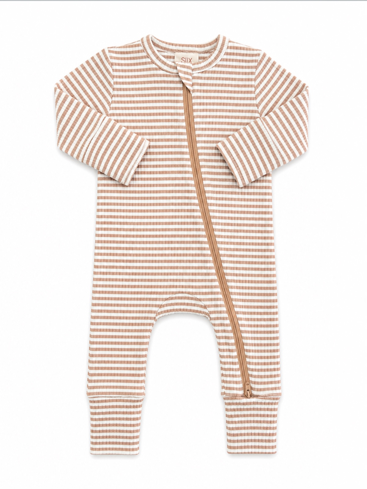 Tan Stripe / Ribbed 2-Way Zip Romper (Tan Zipper)