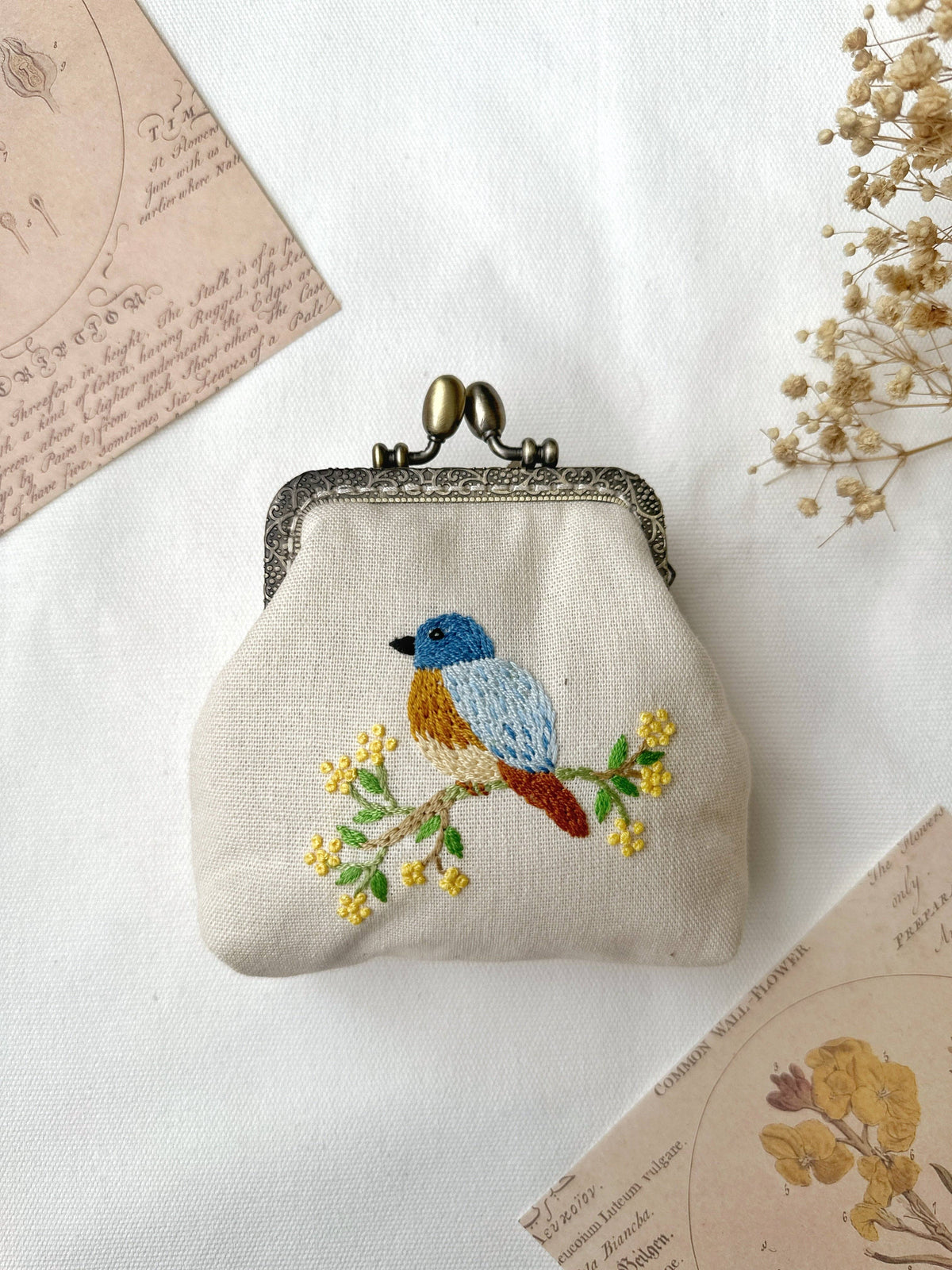 Bird Embroidered Coin Purse - Cream