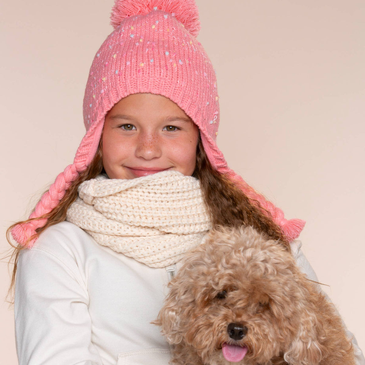 Girls Speckled Knit Winter Hat with Braids - Pink 2-12Y