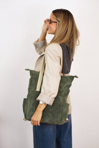 Olive Green Corduroy Backpack - Shoulder Bag (Musgo)