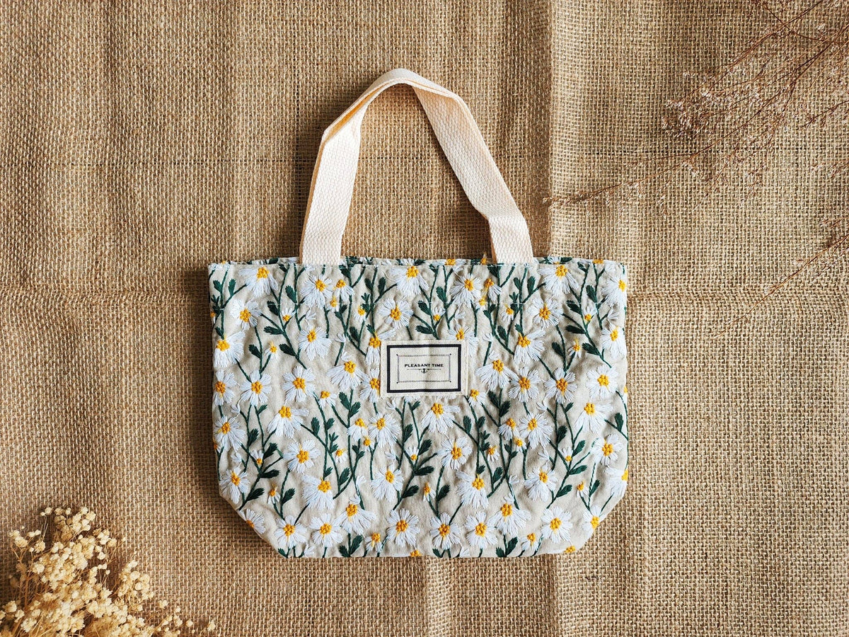 Daisy Embroidered Tote - Black