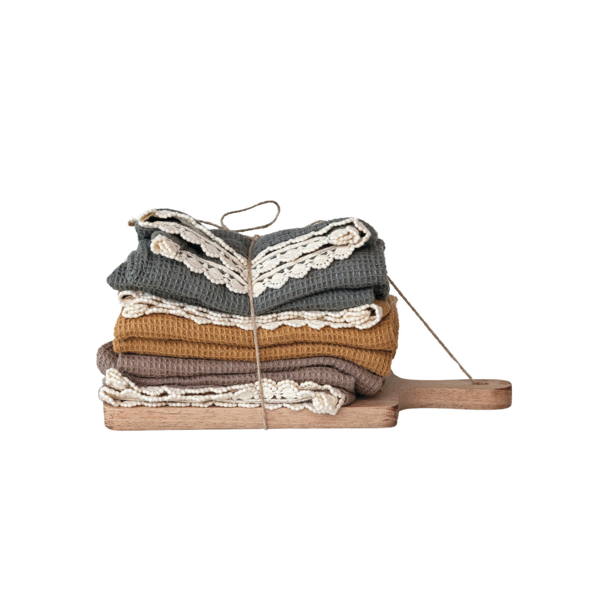 Cotton Waffle Weave Tea Towels w/ Cheese/Cutting Board, Set of 4