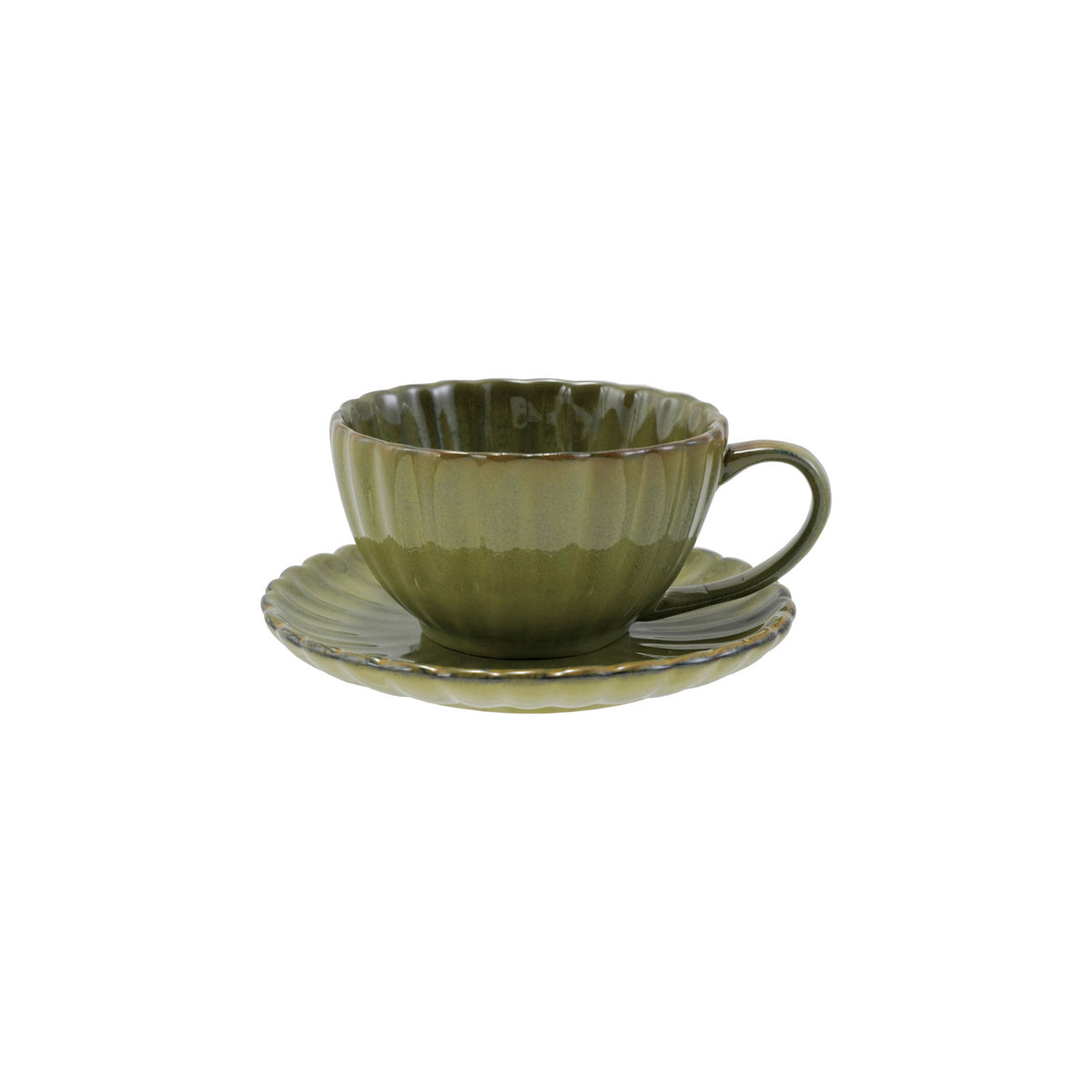 10 oz. Stoneware Ribbed Mug w/ Saucer, Reactive Glaze, Set of 2 (Each One Will Vary)