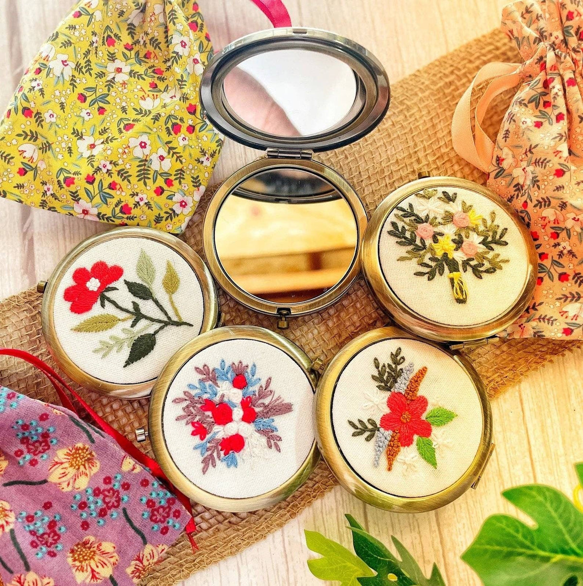 Floral Embroidered Compact Mirror, Brooklyn Collection
