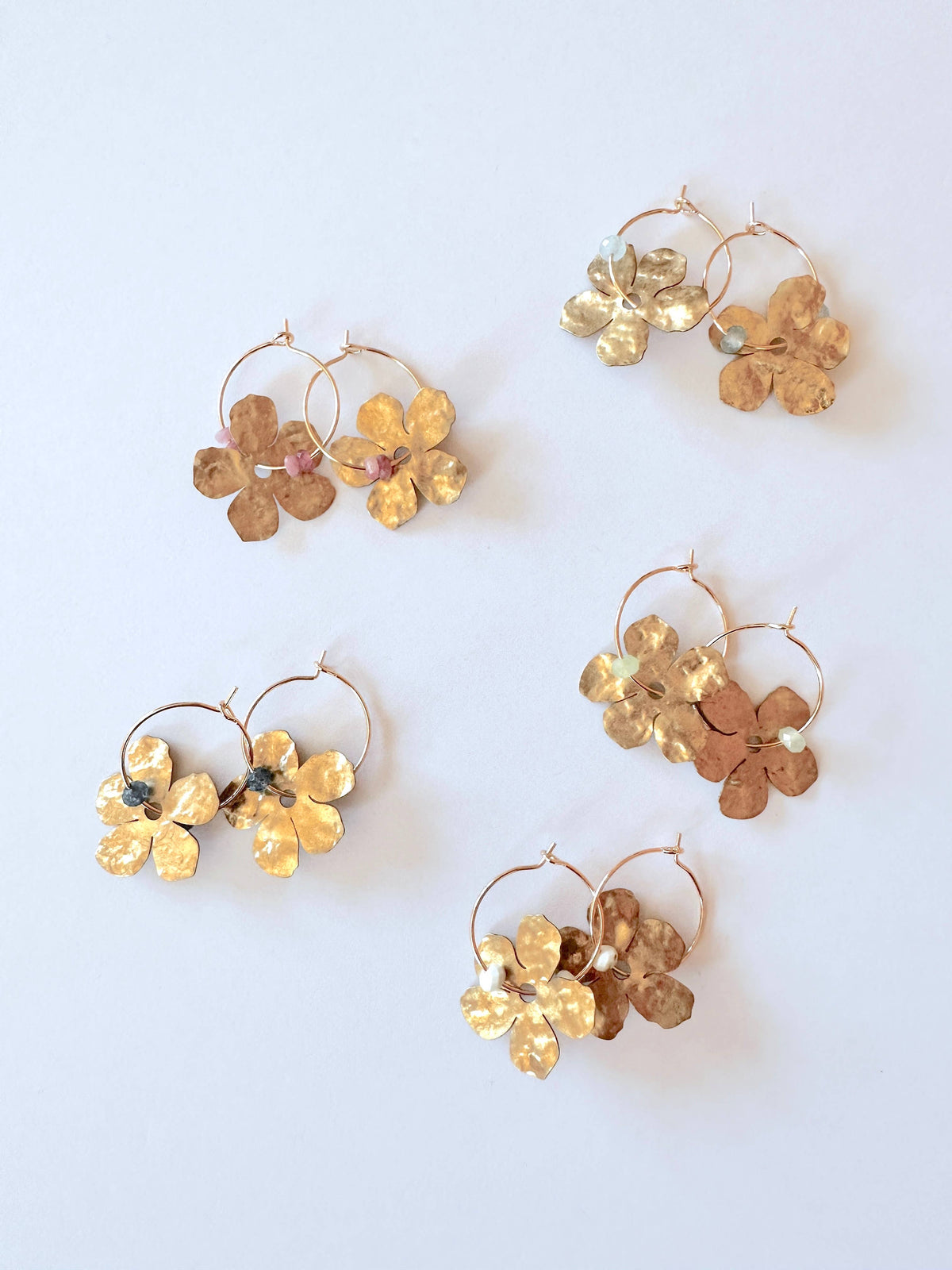 Brass Flower Earrings - Light Blue