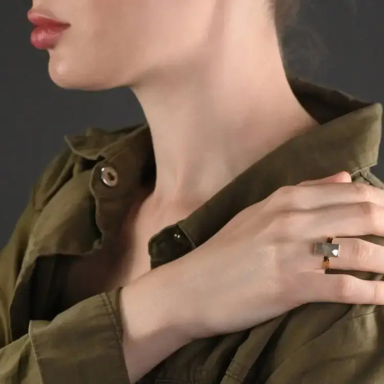 Amazonite  Rectangle Ring on a Hand Hammered Band