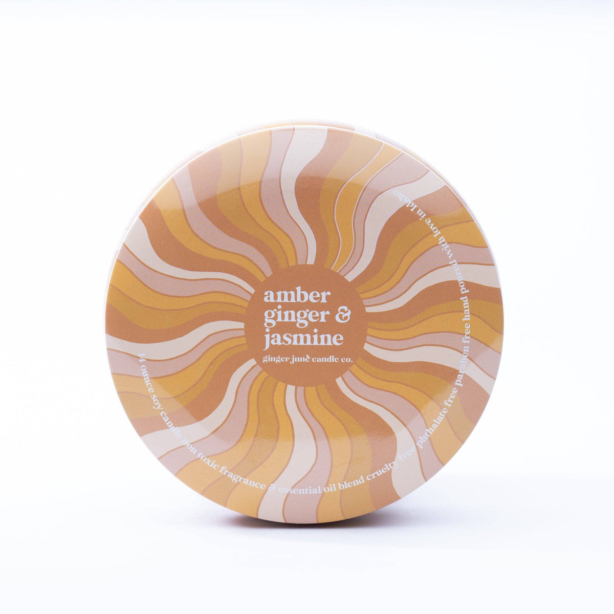 Groovy swirl tin: amber + ginger + jasmine 14 oz candle